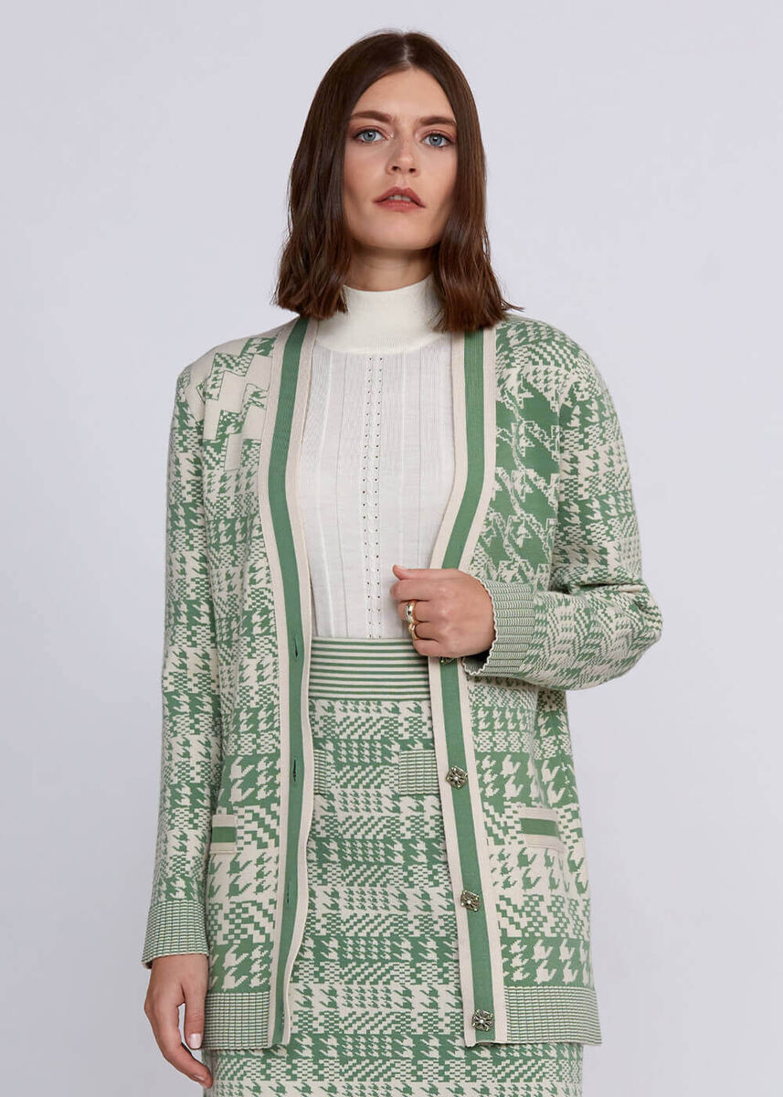 Geometrik Kaz Ayağı Desenli Yeşil Krem Triko Hırka - KNITSS