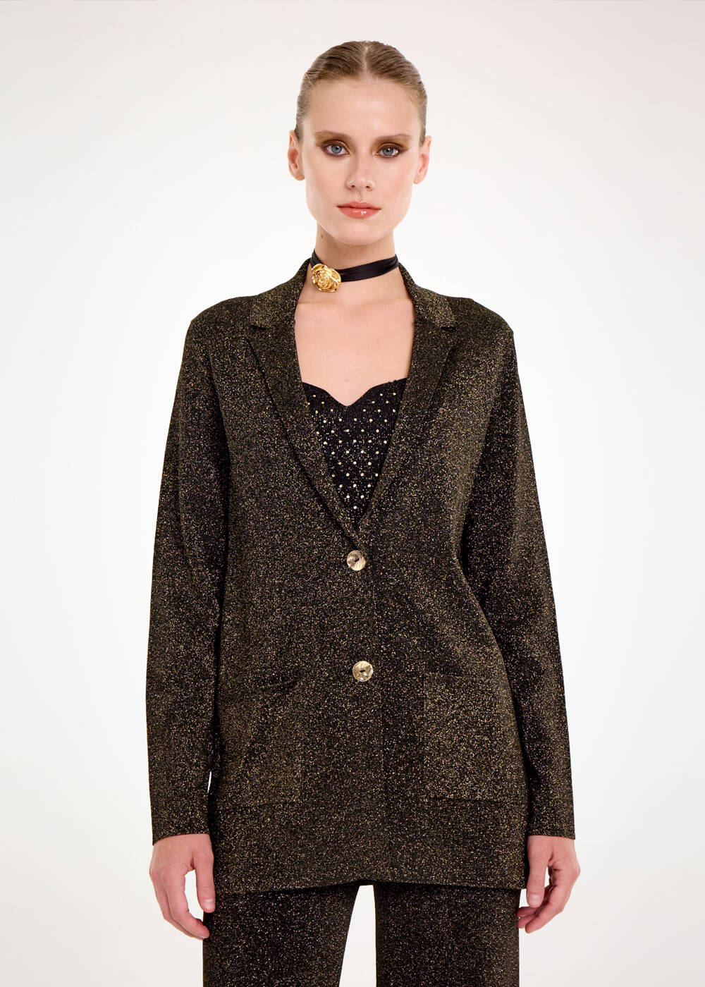 GOLD LUREX KNIT BLAZER JACKET - 1