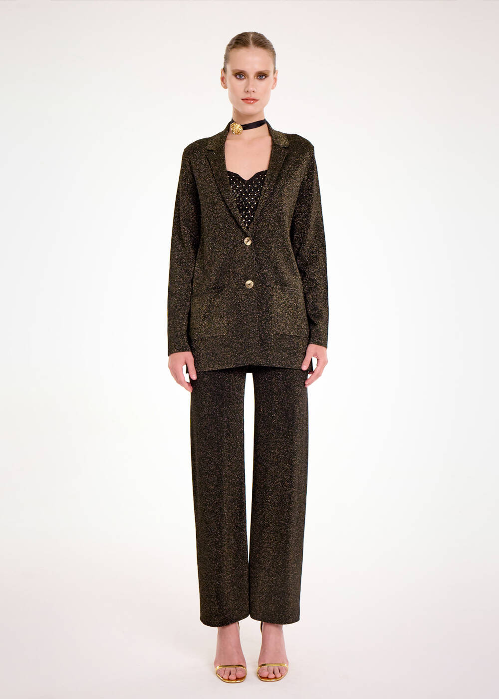 Gold Lurex Triko Blazer Ceket - 2