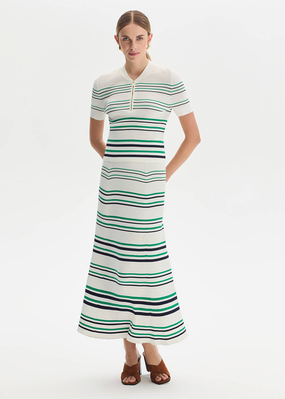 GREEN NAVY STRIPE ECRU KNIT SKIRT - 1
