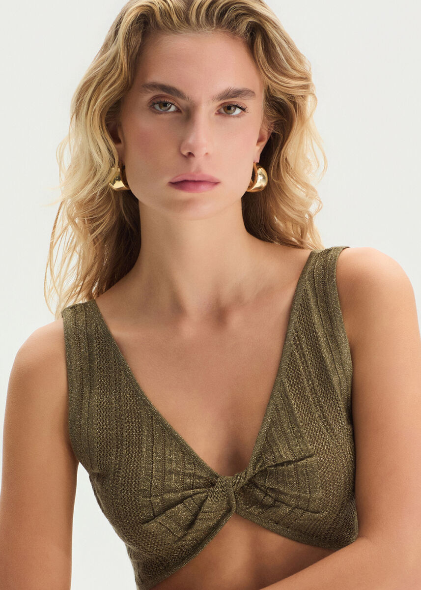Haki Işıltılı Crop Triko Üst - KNITSS