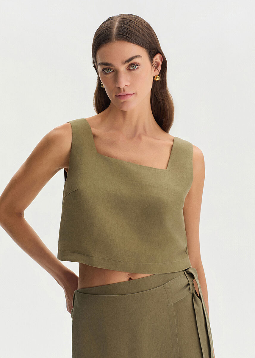 Haki Keten Crop Üst - KNITSS