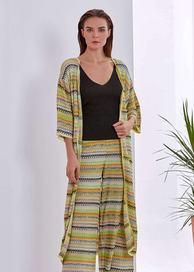 YELLOW PATTERNED KNIT KIMONO - 1