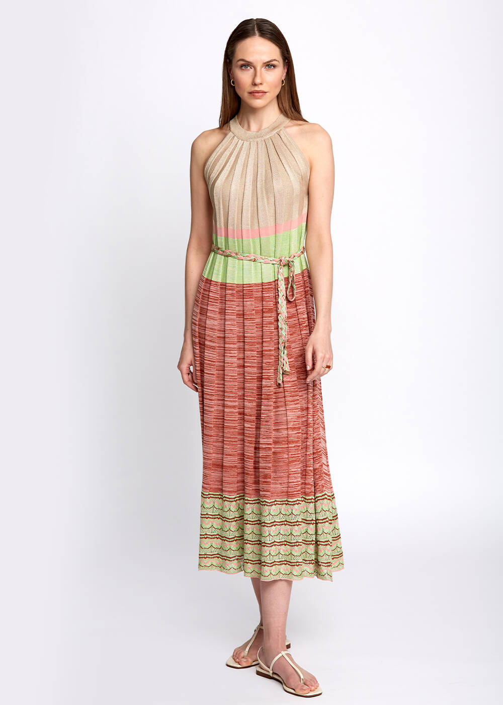 Halter Neck Pointelle Hem Detail Midi Knit Dress - 1
