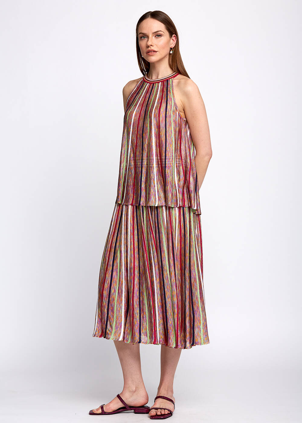Halter Yaka Çizgi Desenli Çok Renkli Triko Bluz - 2