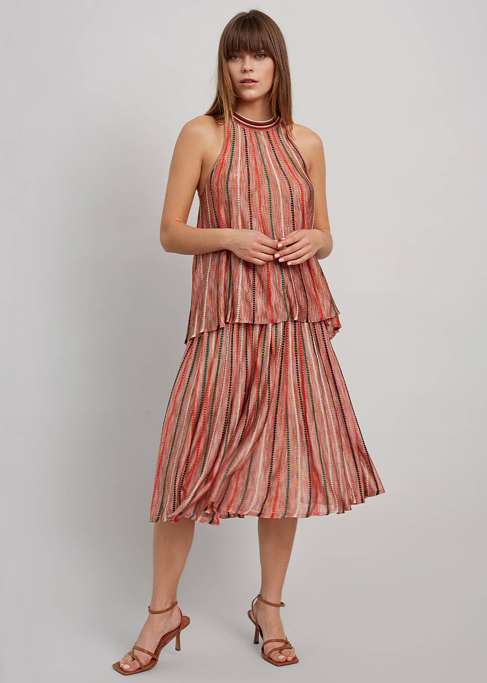 Halter Yaka Çizgi Desenli Mercan Rengi Triko Bluz - 2
