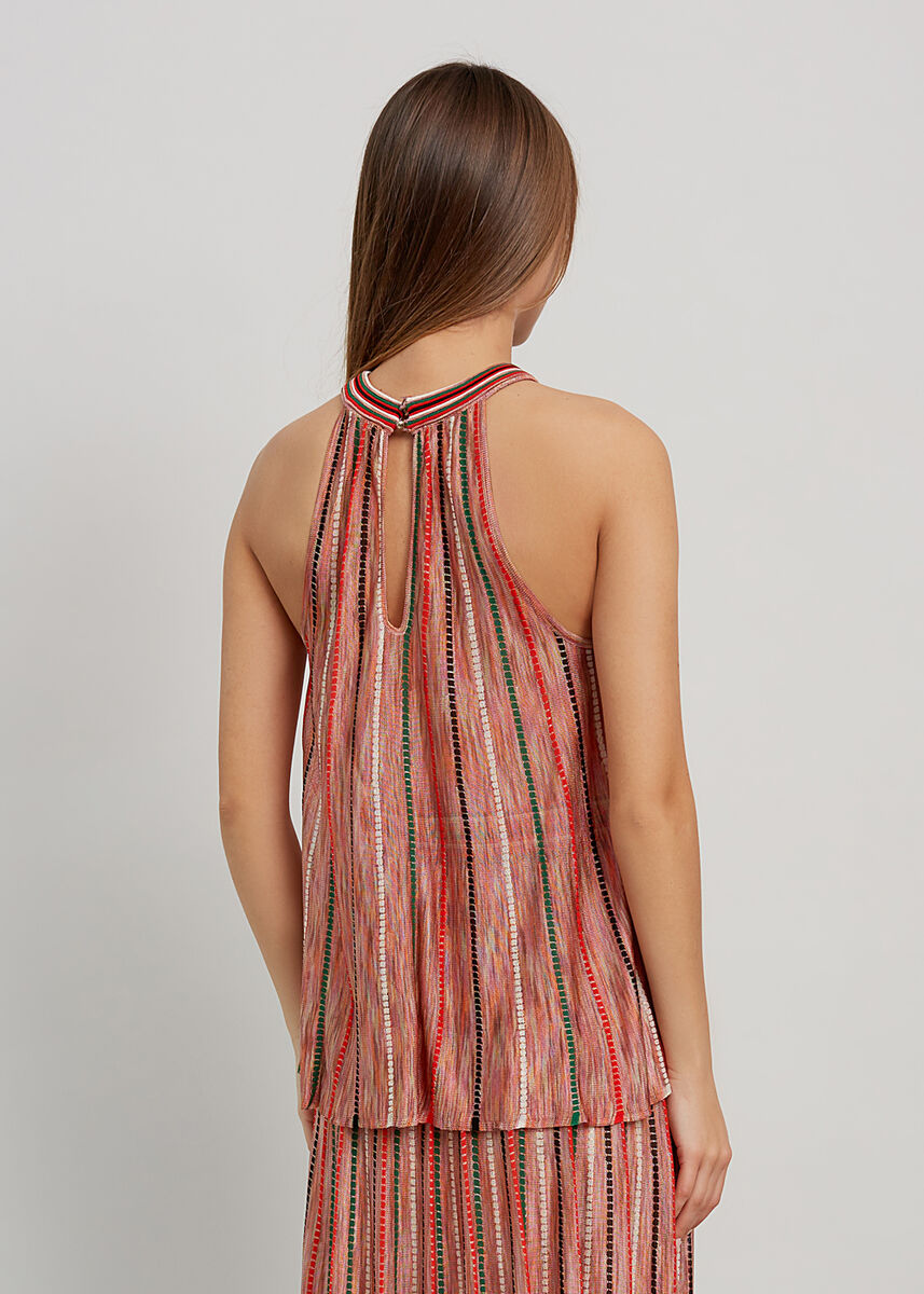 Halter Yaka Çizgi Desenli Mercan Rengi Triko Bluz · 3