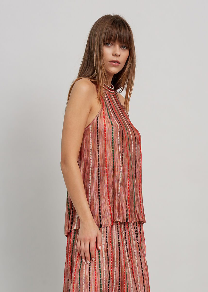 Halter Yaka Çizgi Desenli Mercan Rengi Triko Bluz · 4