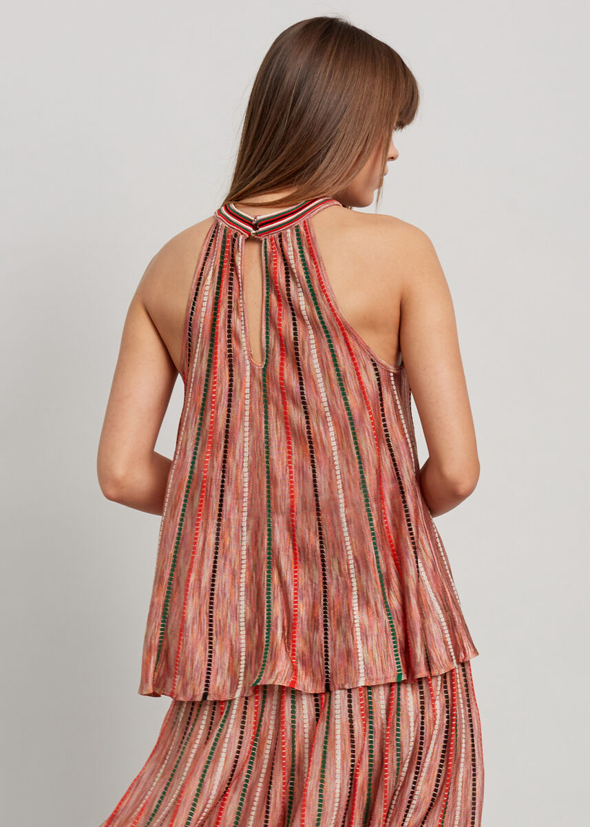 Halter Yaka Çizgi Desenli Mercan Rengi Triko Bluz · 6