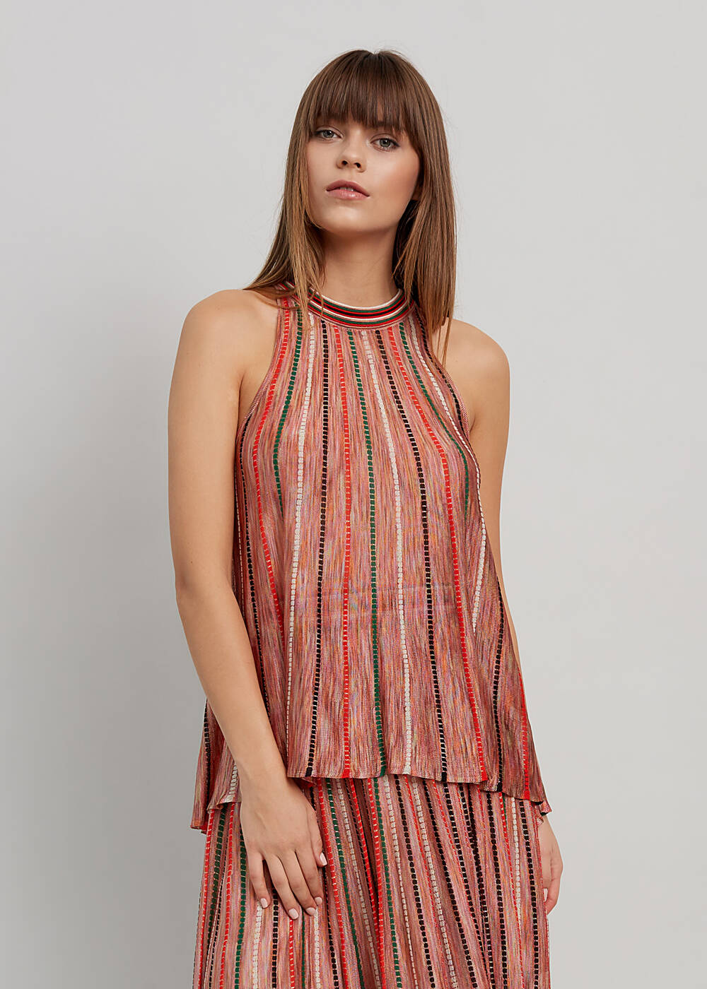 Halter Yaka Çizgi Desenli Mercan Rengi Triko Bluz - 1