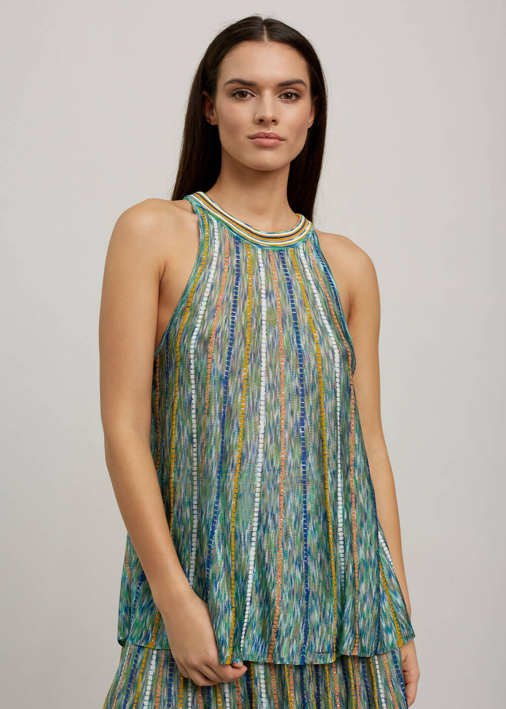 Halter Yaka Çizgi Desenli Yeşil Triko Bluz - 1