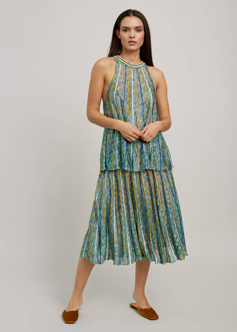 Halter Yaka Çizgi Desenli Yeşil Triko Bluz - 2