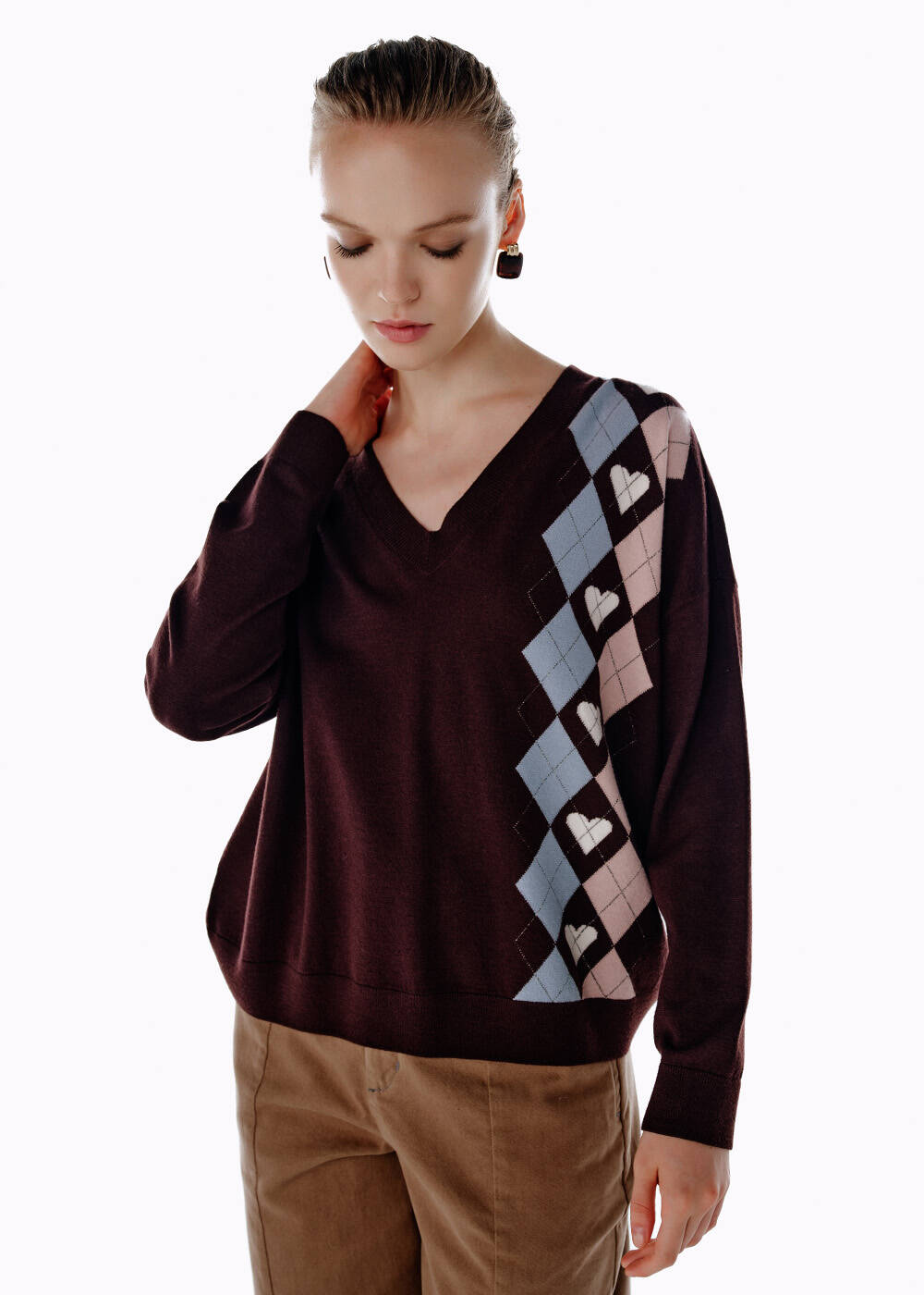HEARTED ARGYLE PATTERNED SWEATER COFFEE - 2