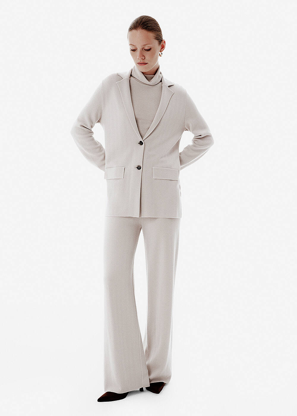 Herringbone Knit Double Button Beige Blazer - 2