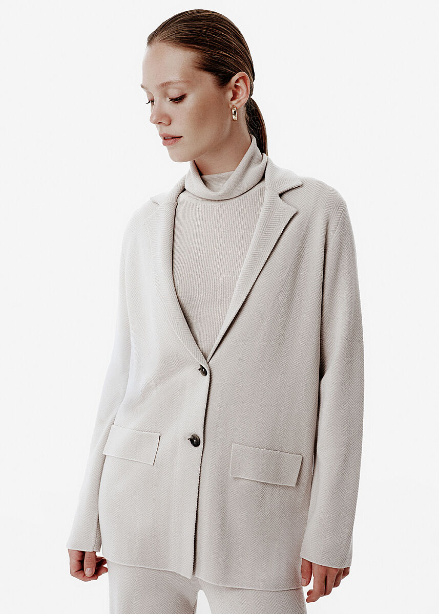 Herringbone Knit Double Button Beige Blazer - KNITSS
