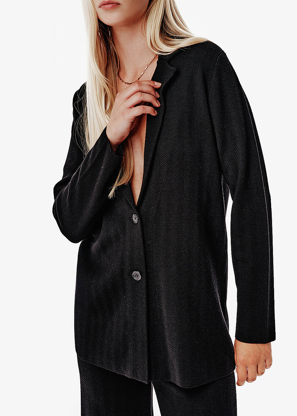 Herringbone Knit Double Button Black Blazer - 2