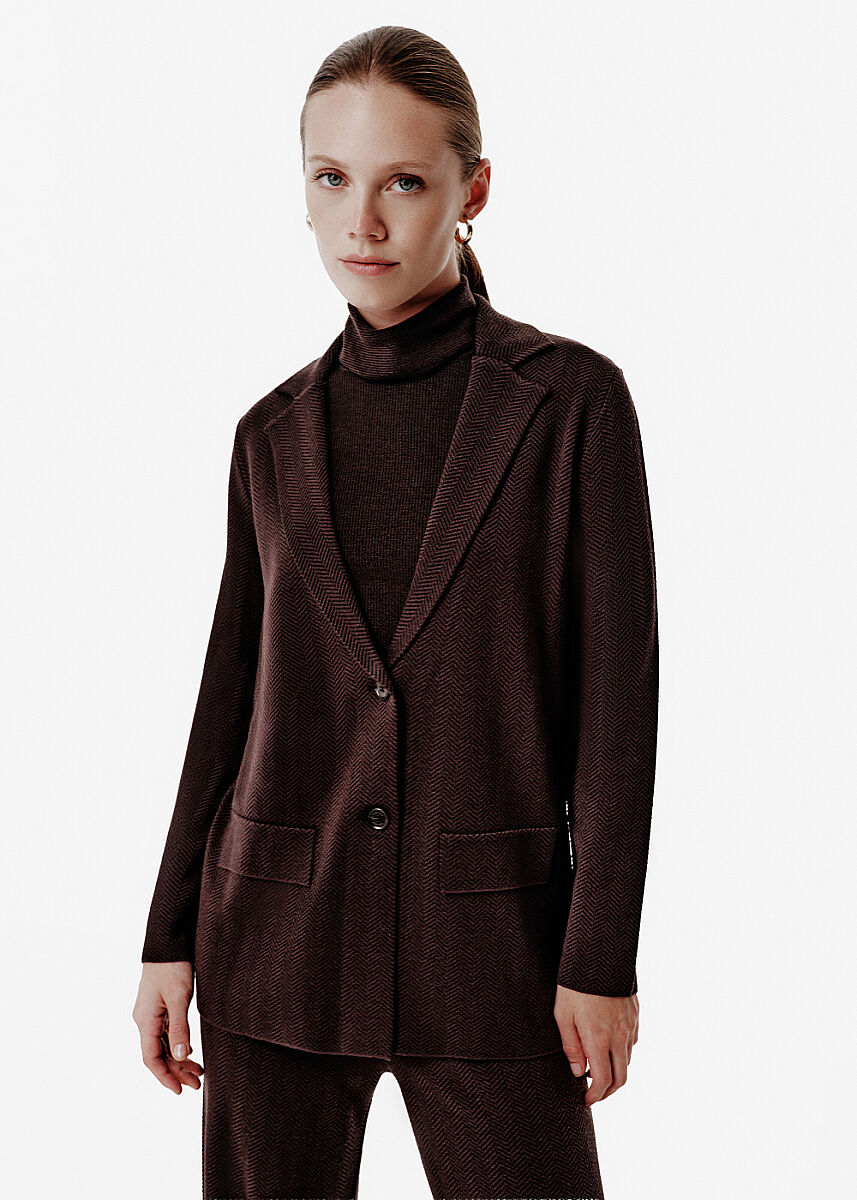 Herringbone Knit Double Button Brown Blazer - KNITSS
