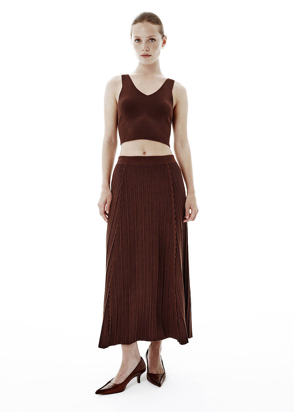 High Rib Waist Brown Crop Knit Top - 2