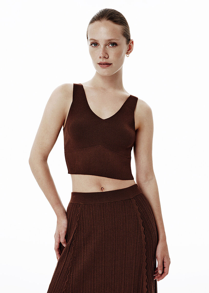 High Rib Waist Brown Crop Knit Top - KNITSS