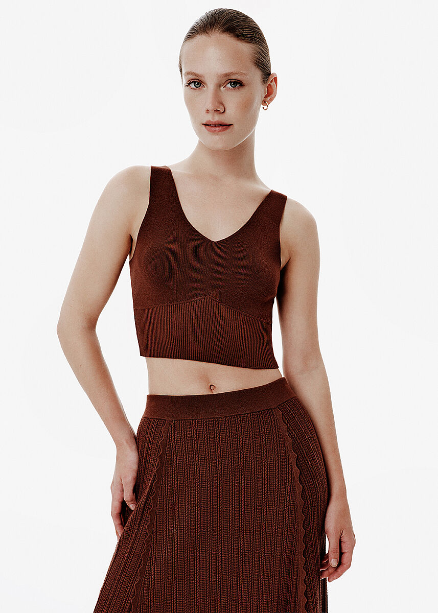 High Rib Waist Brown Crop Knit Top - KNITSS