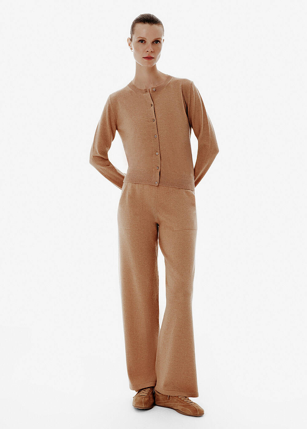 High Rib-Waist Toffee Cashmere Knit Pants - 1