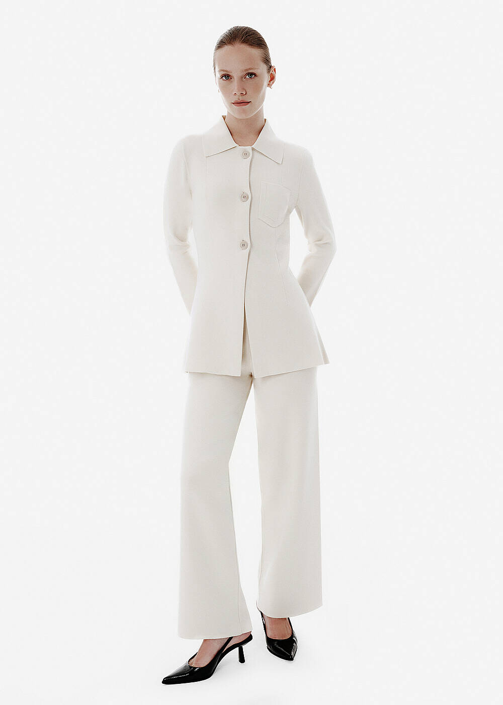 High Waist Wide-leg Beige Knit Pants - 1
