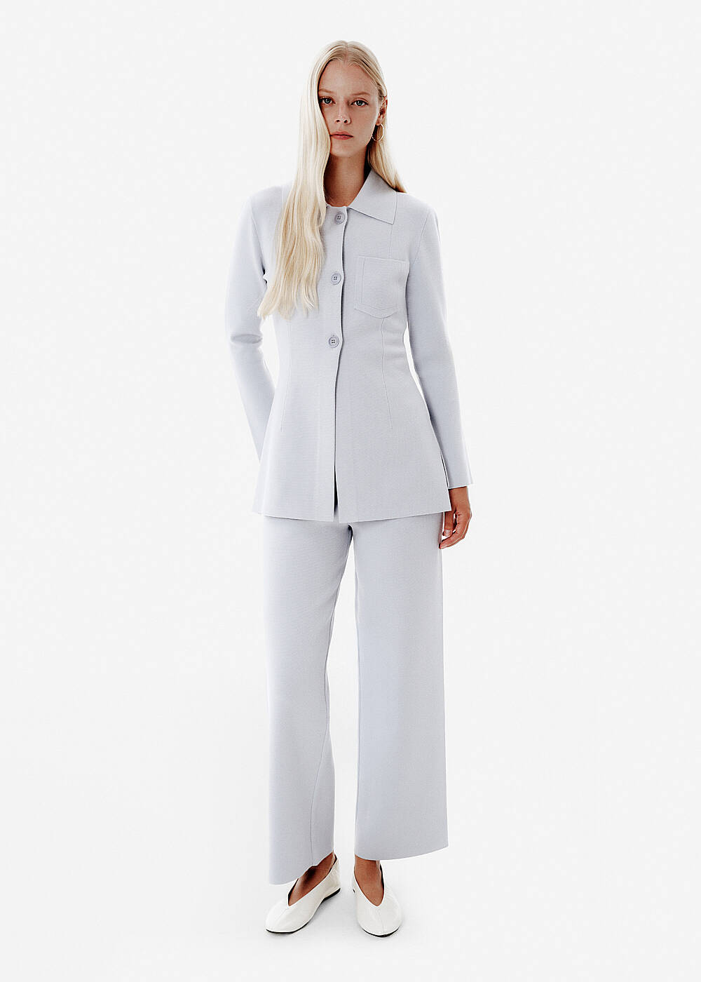 High Waist Wide-leg Blue Knit Pants - 1