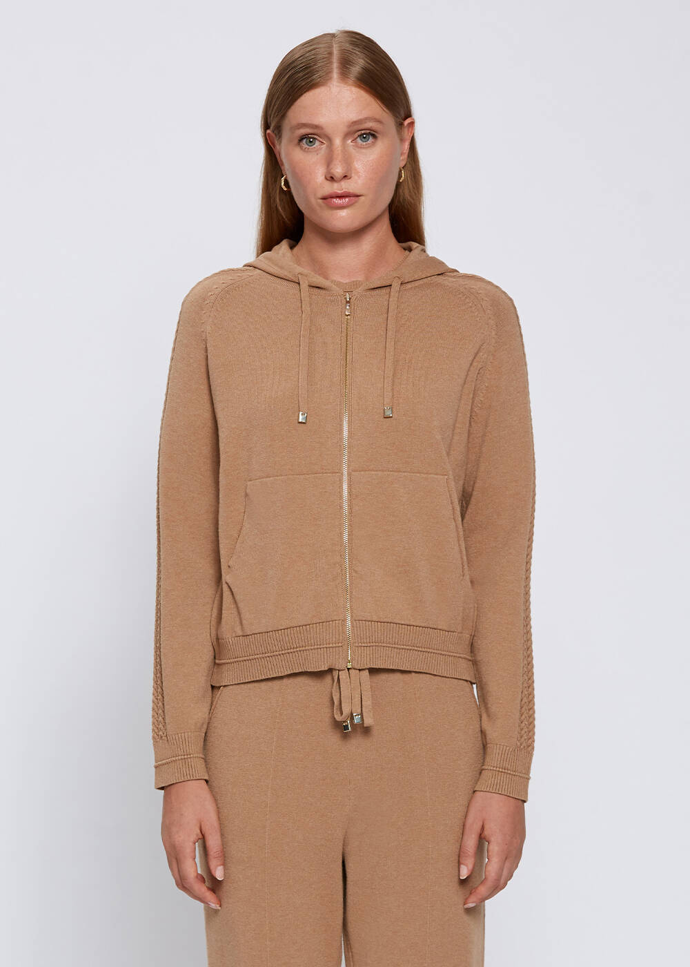 HOODED CAMEL KNIT CARDIGAN - 1