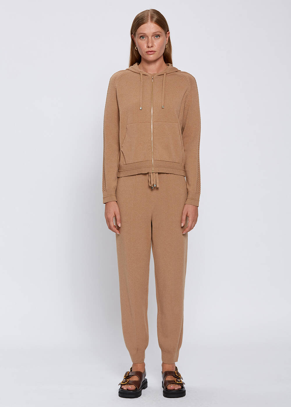 HOODED CAMEL KNIT CARDIGAN - 2
