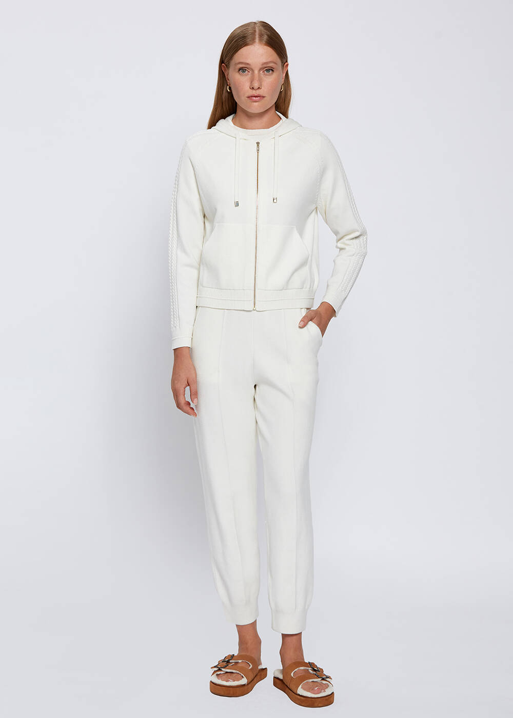 HOODED ECRU KNIT CARDIGAN - 2