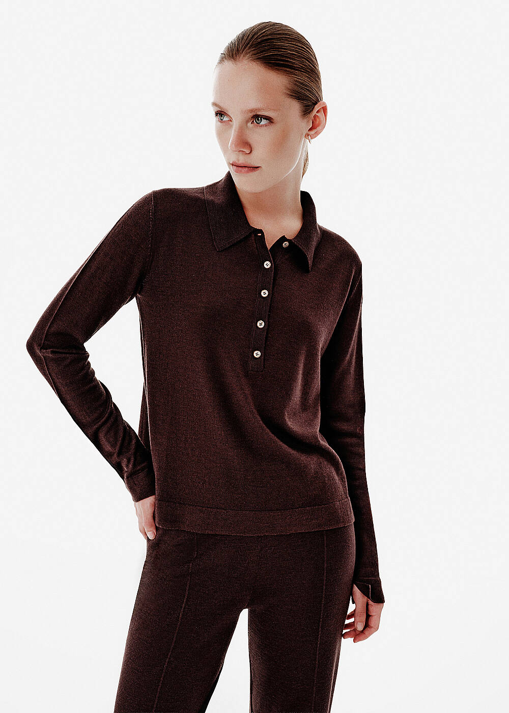 İnce Örgü Kahverengi Polo Triko - 1
