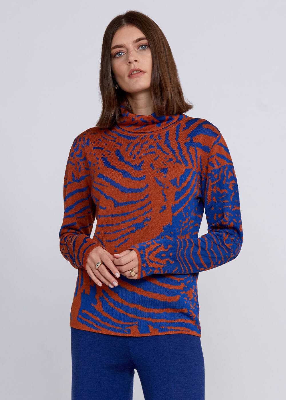 Intarsia Jacquard Detail Cooper Blue Knit Top - 1