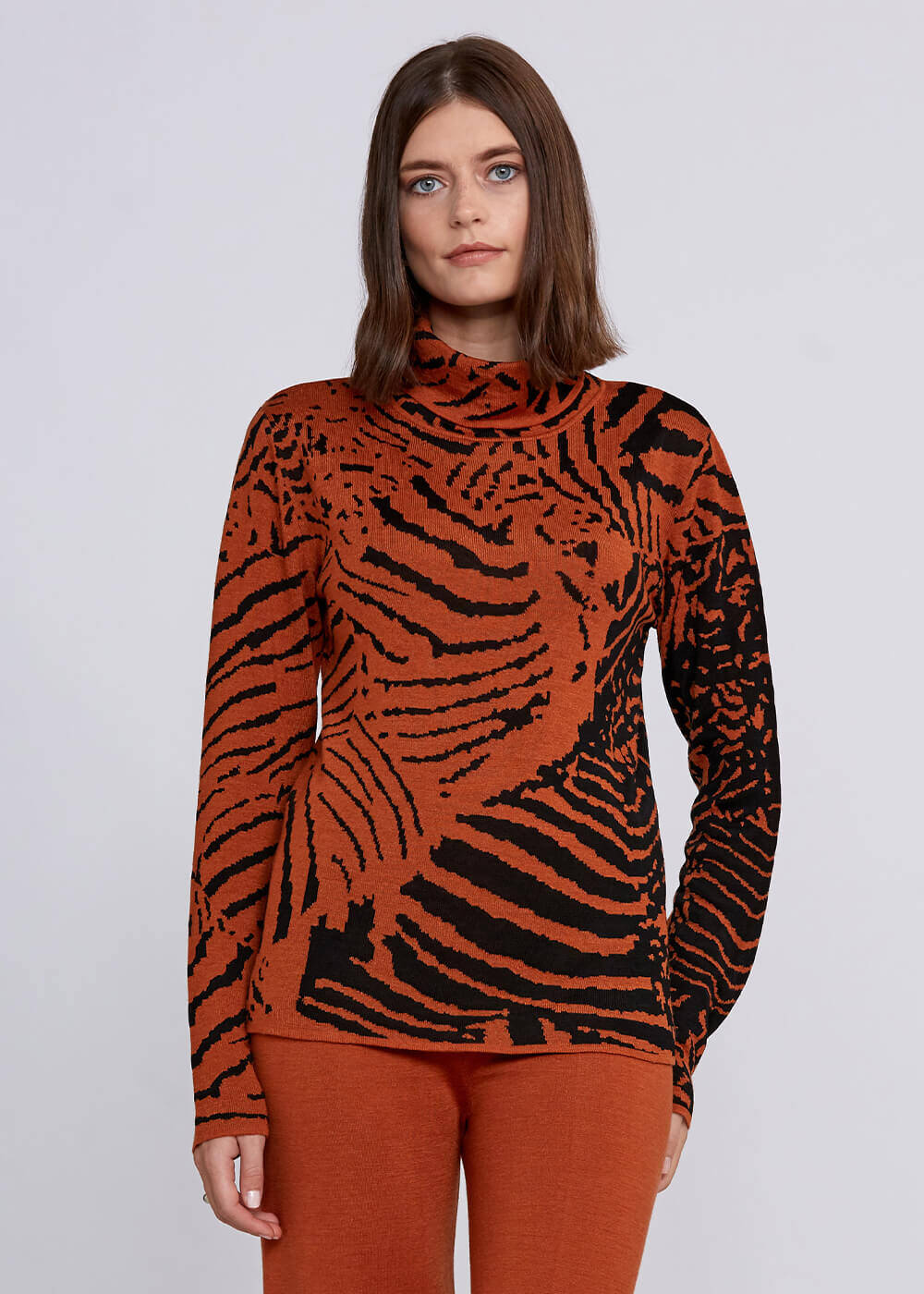 Intarsia Jacquard Detail Copper Black Knit Top - 1