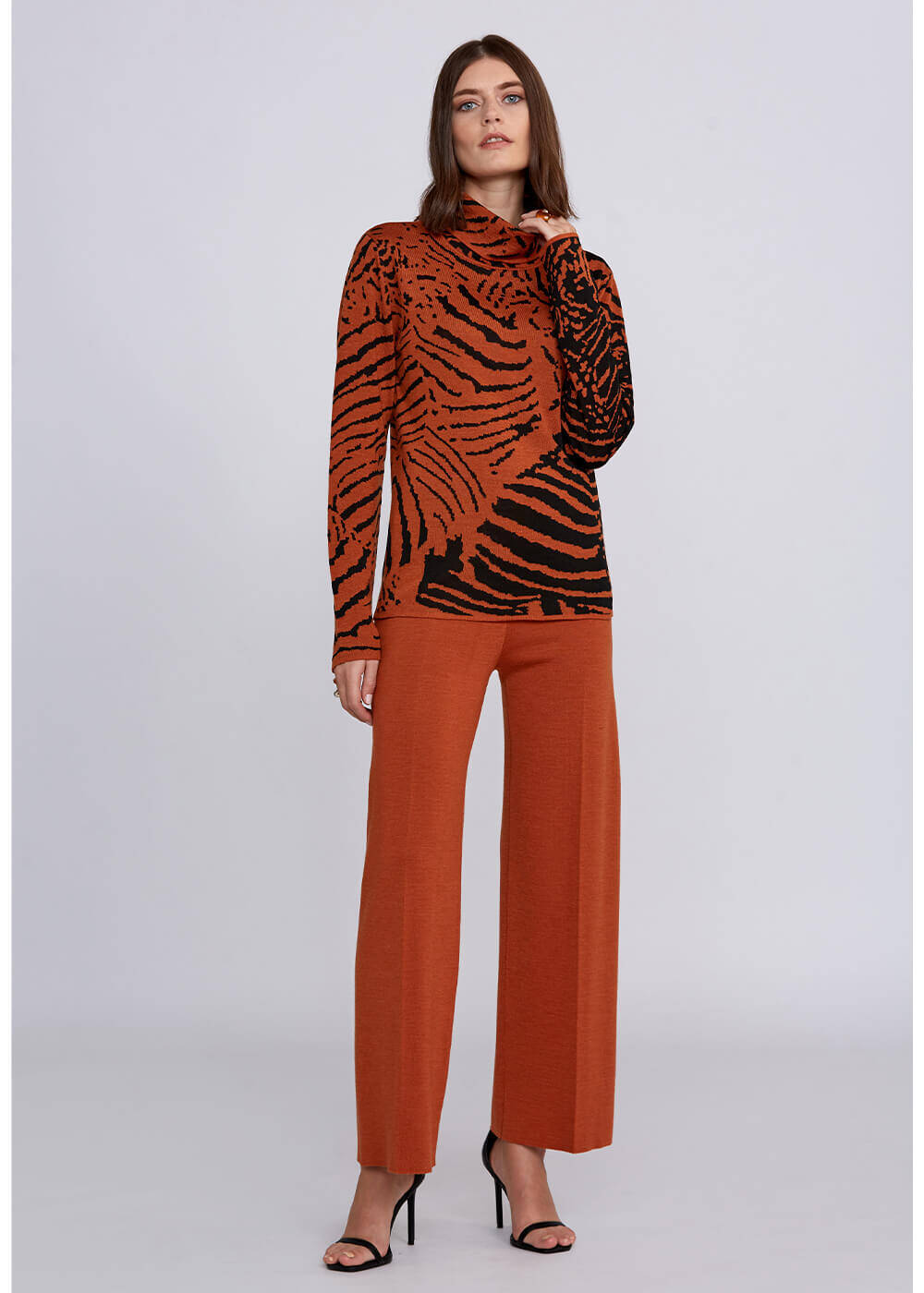 Intarsia Jacquard Detail Copper Black Knit Top - 2