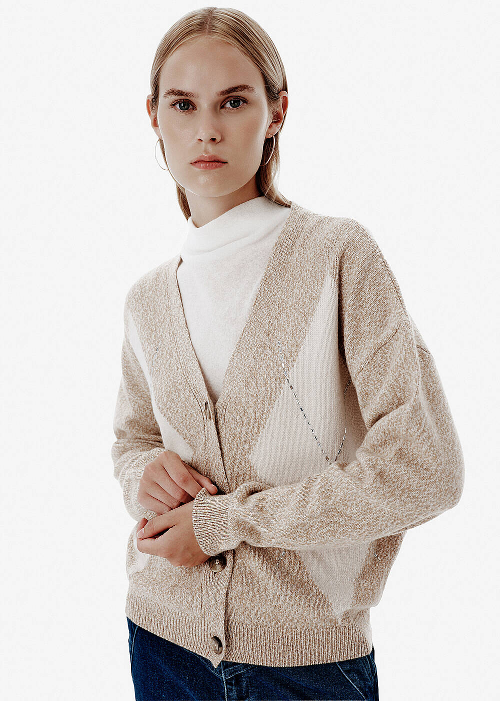 Intarsia Knit Rhinestone Detail Beige Cardigan - 2
