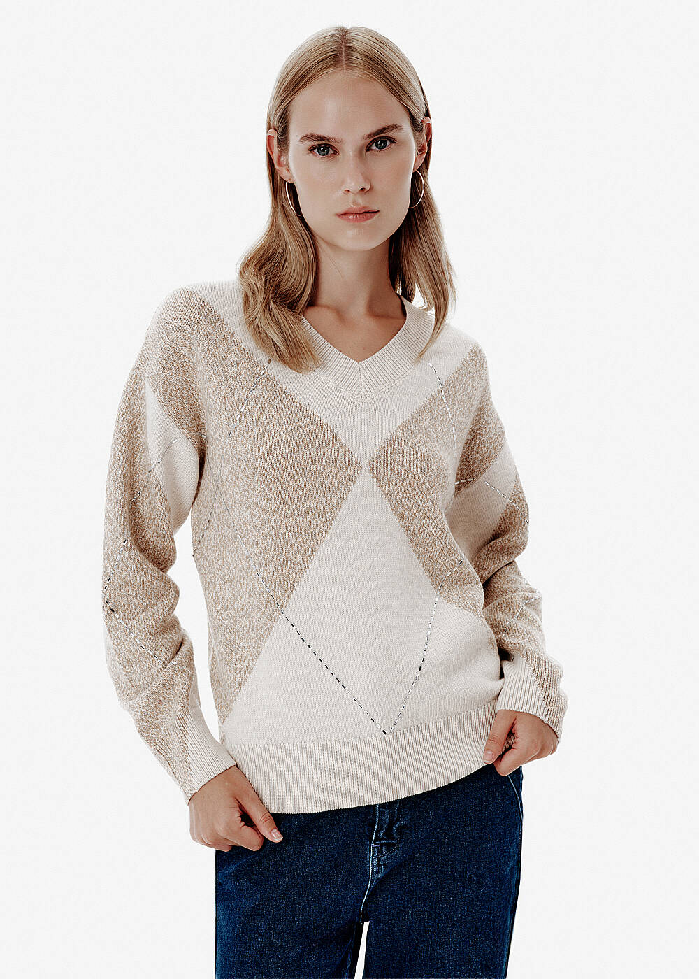 Intarsia Knit Rhinestone Detail Beige Sweater - 1