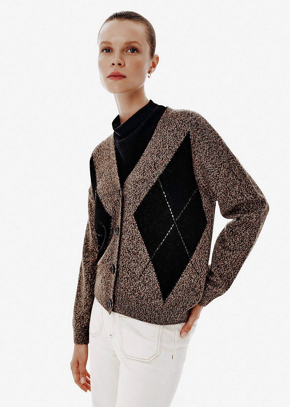 Intarsia Knit Rhinestone Detail Black Cardigan - 1
