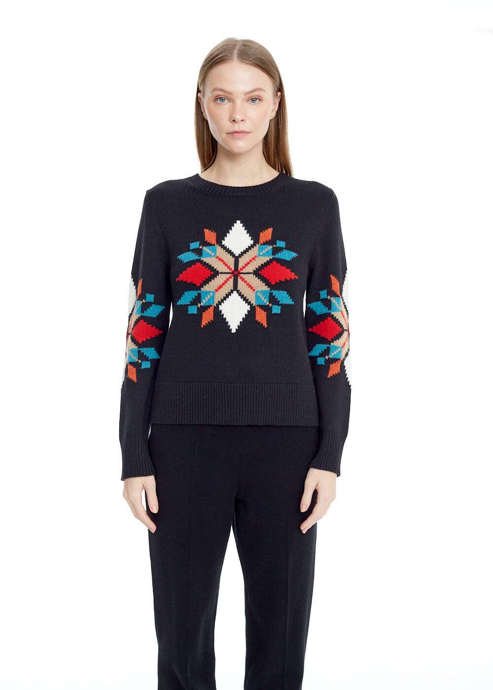 INTERSIA PATTERNED MERINO WOOL BLEND SWEATER - 1