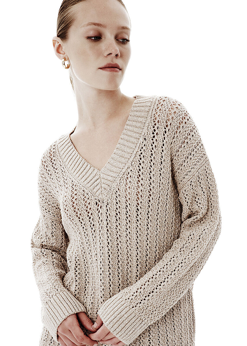 Işıltılı Ajur Örgü Bej Relax Fit Triko - KNITSS