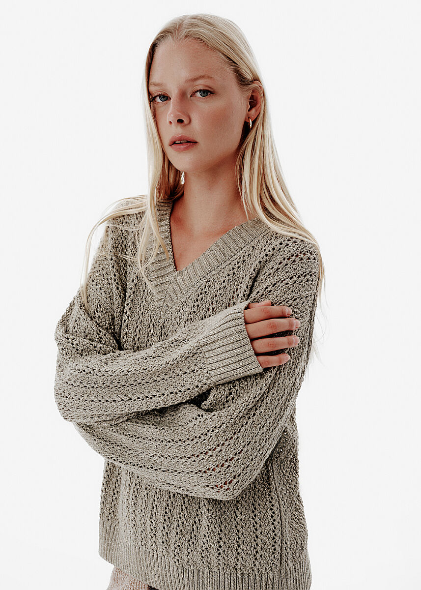 Işıltılı Ajur Örgü Yeşil Relax Fit Triko - KNITSS