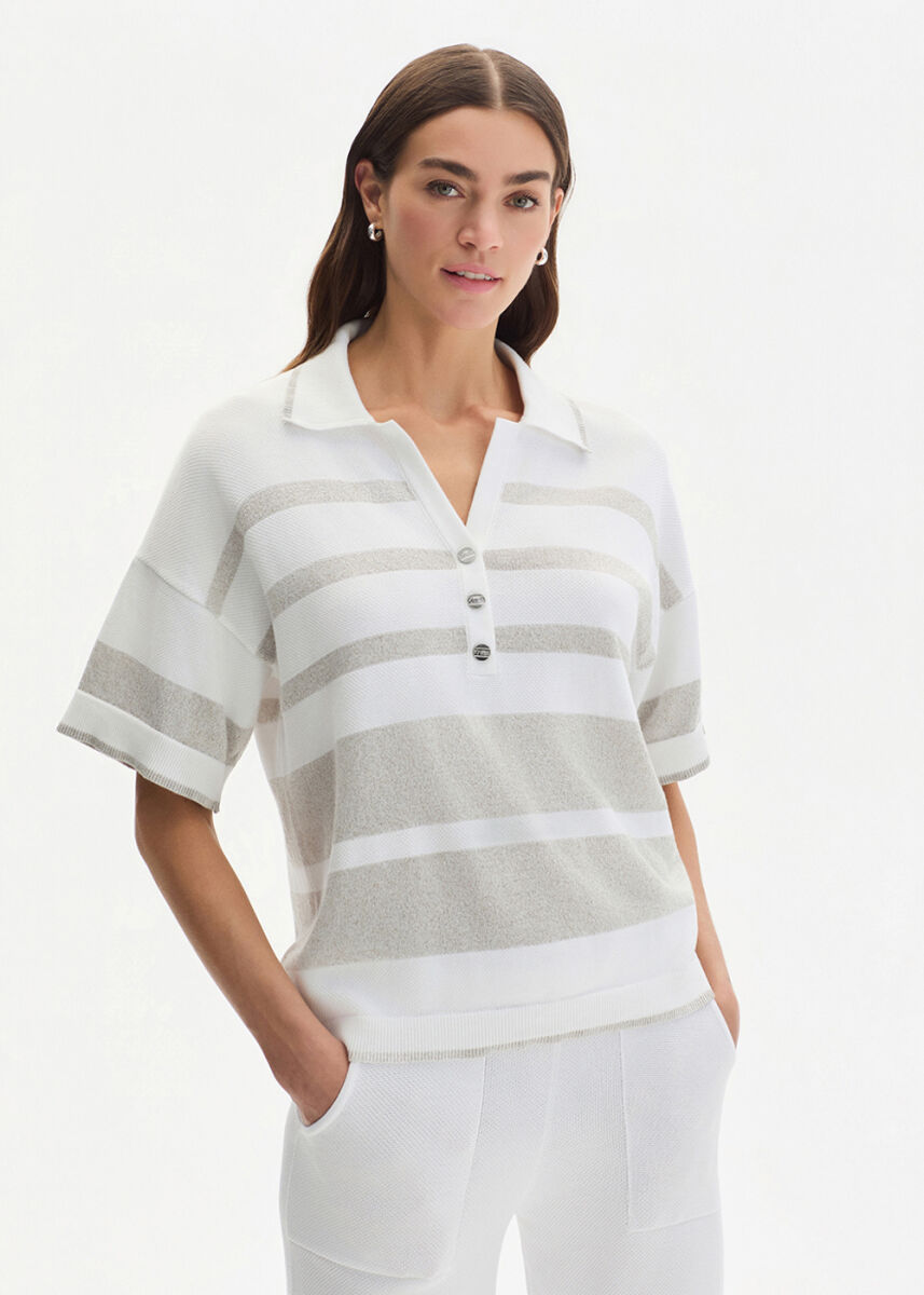 Işıltılı Polo Yaka Beyaz Triko - KNITSS
