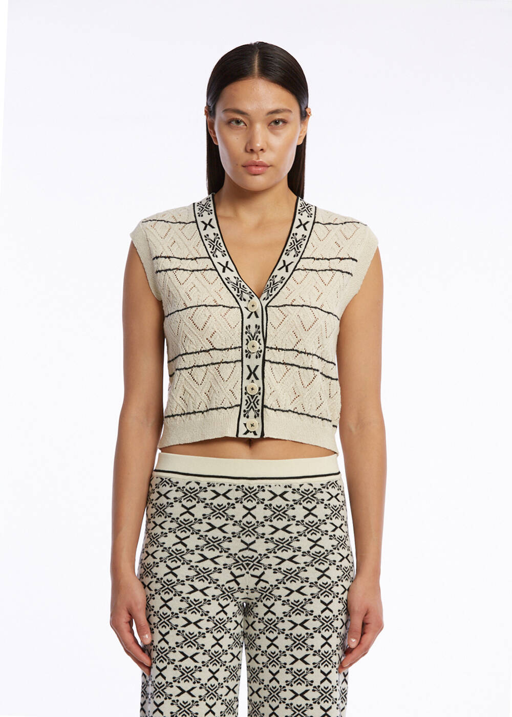 JACQUARD PATTERN DETAILED SAND KNIT TOP - 1