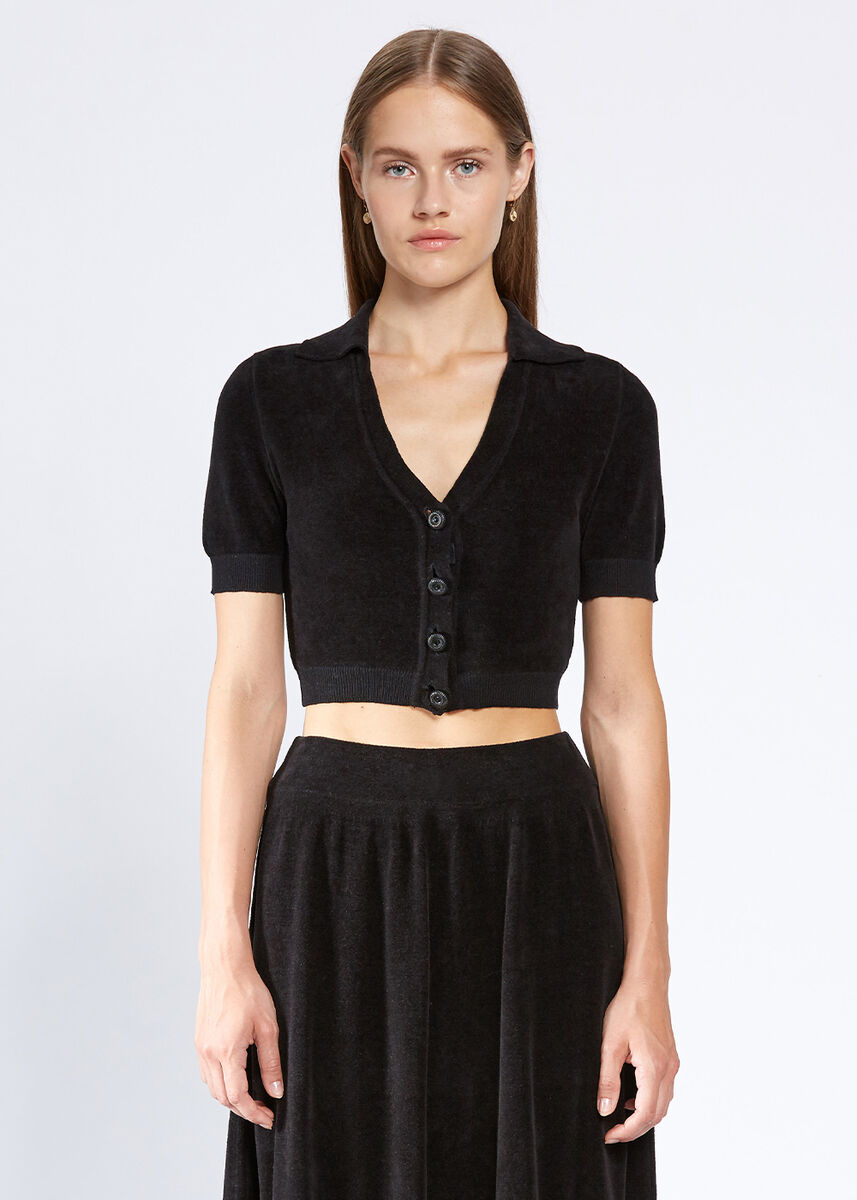 JEWEL BUTTON DETAILED BLACK CROP KNIT TOP - KNITSS