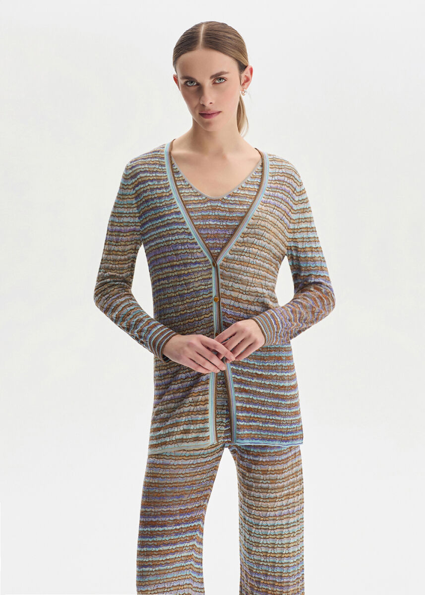 JEWEL BUTTONS COLOR BLOCK SOFT CANDY KNIT CARDIGAN - KNITSS