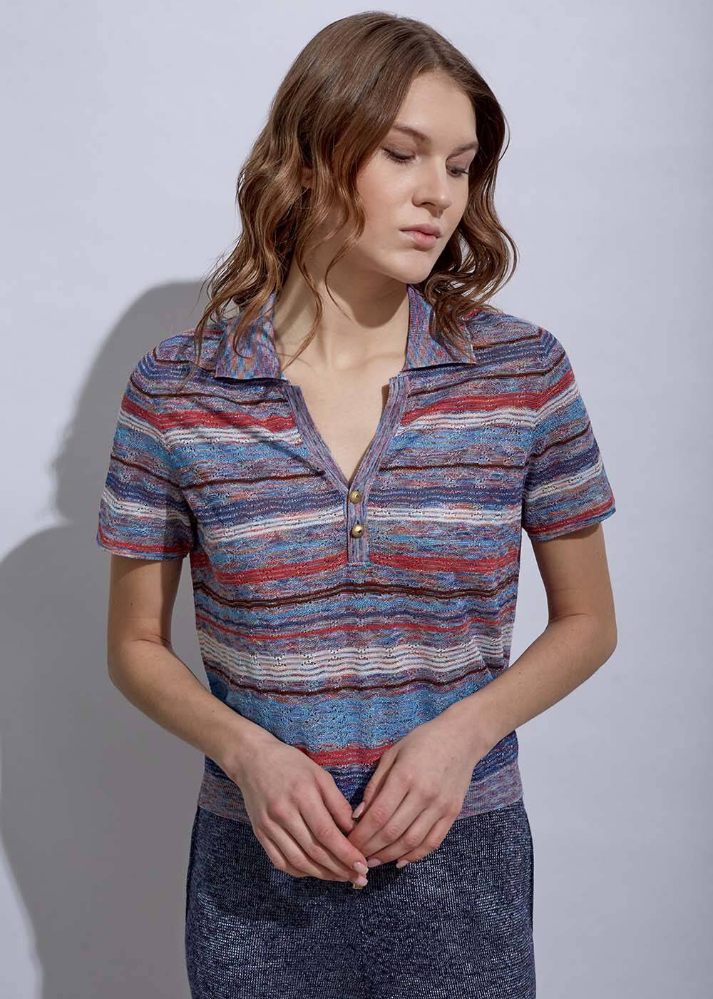 Jewel Buttons Polo Neck Ocean Knit Top - 1