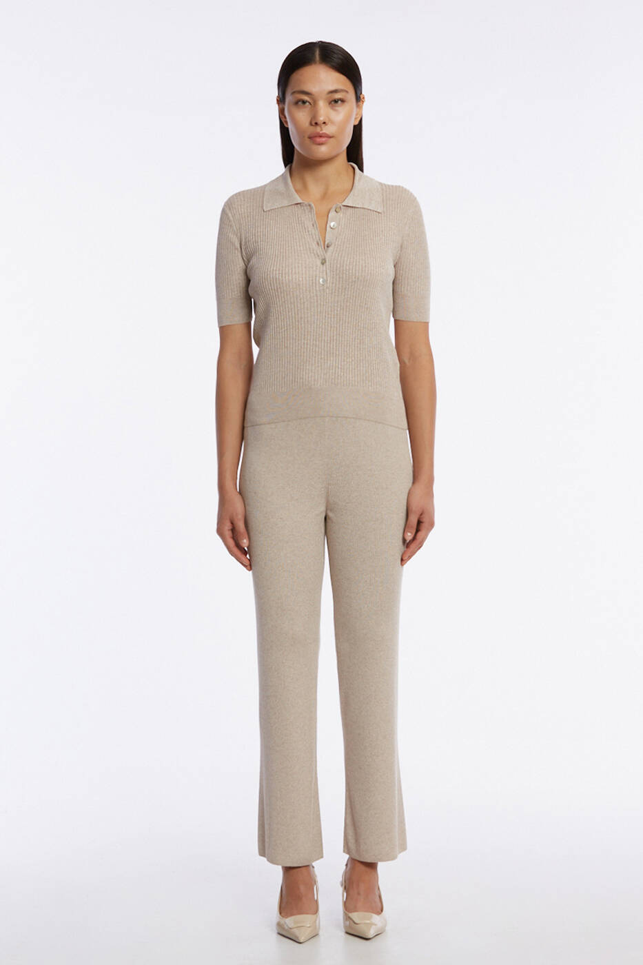JEWEL BUTTONS POLO NECK SAND KNIT TOP - 2