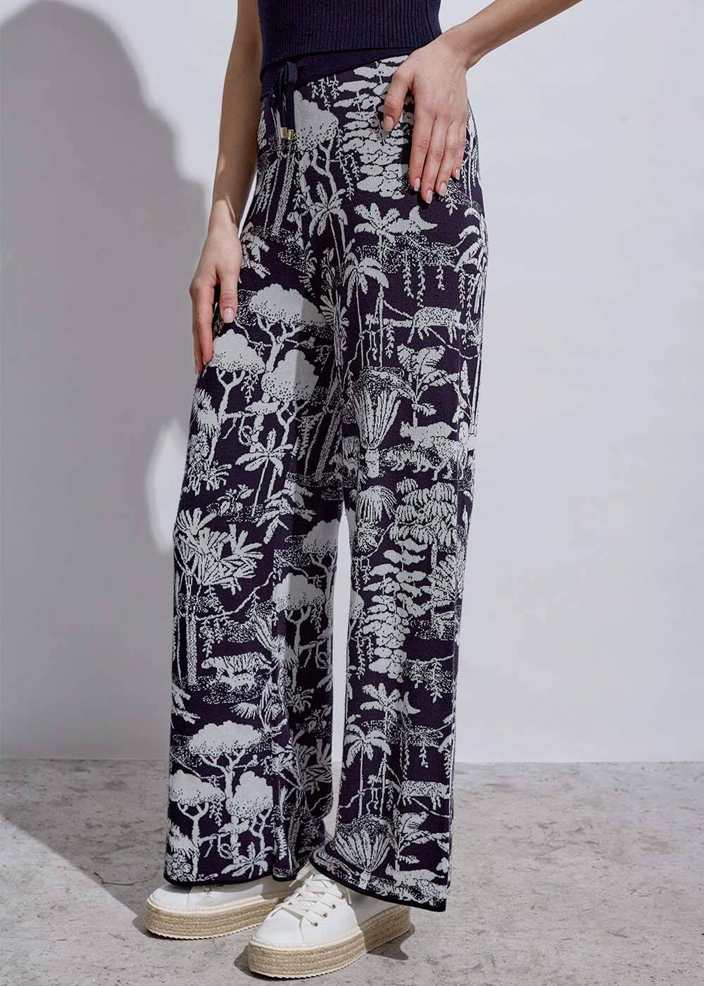 Jungle Pattern Ecru Navy Knıt Pants - 2