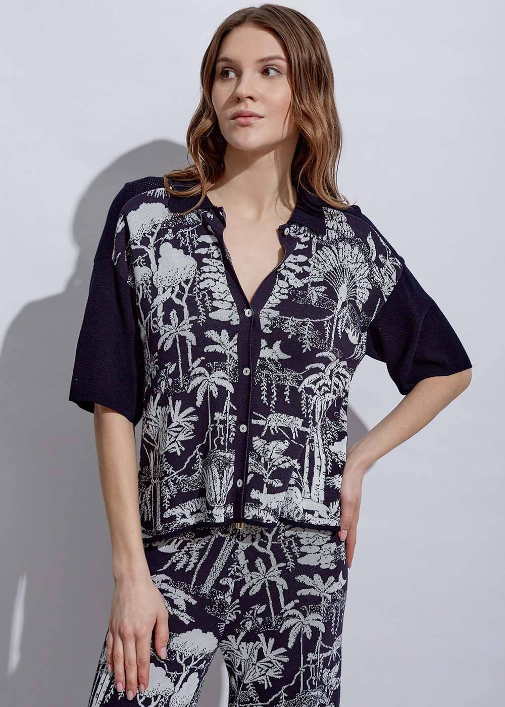 Jungle Pattern Ecru Navy Knıt Top - 1