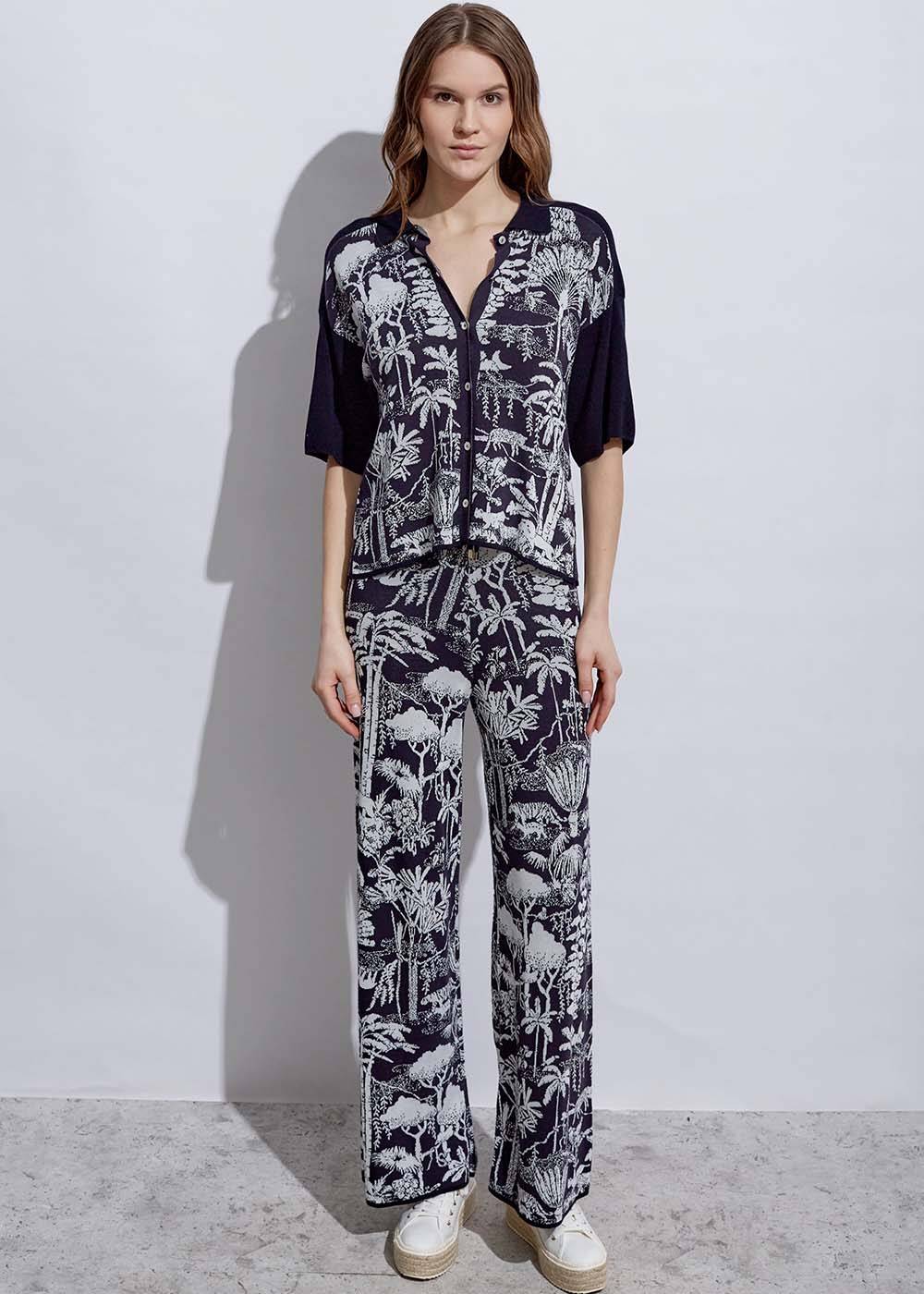 Jungle Pattern Ecru Navy Knıt Top - 2