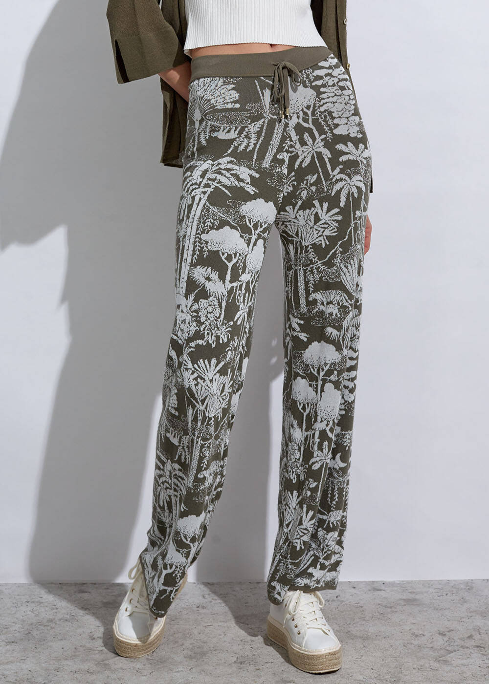 Jungle Pattern Ecru Rosemary Knıt Pants - 1